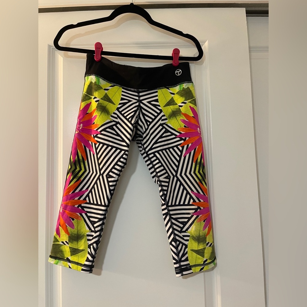 Trina Turk Leggings with Black Stripes and Pink Floral Design